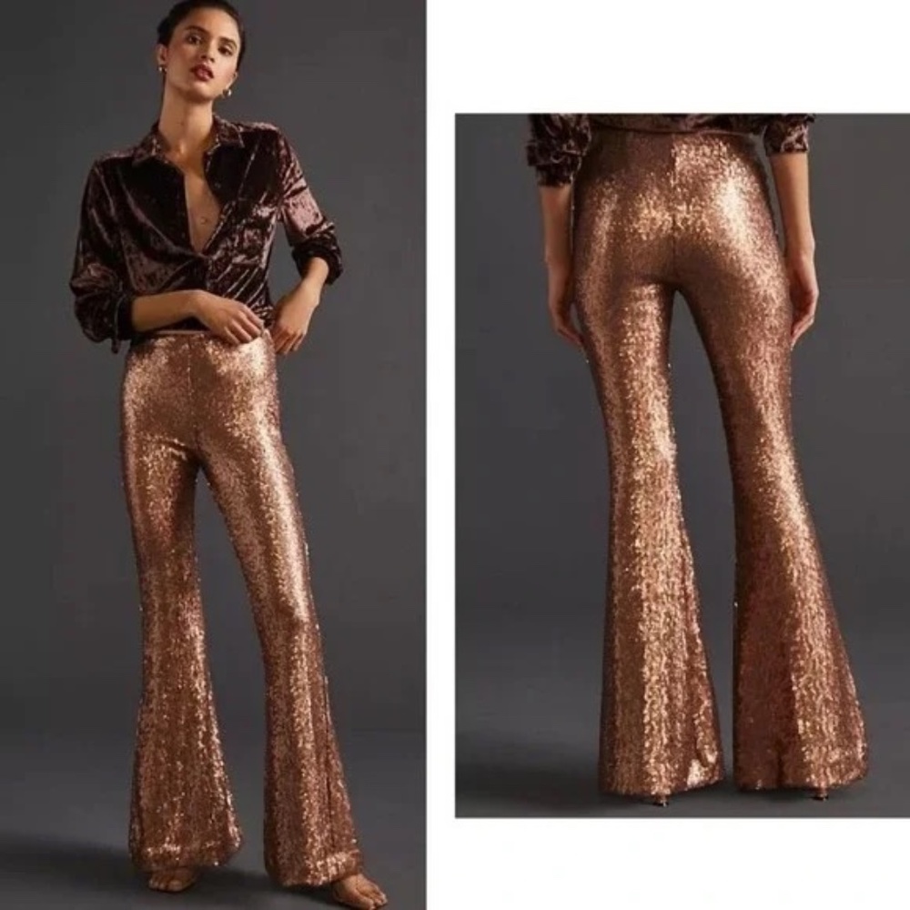 NWT Anthropologie Sequined Pants Flare Disco Retro 70's Gypsy Rose Gold 14T.